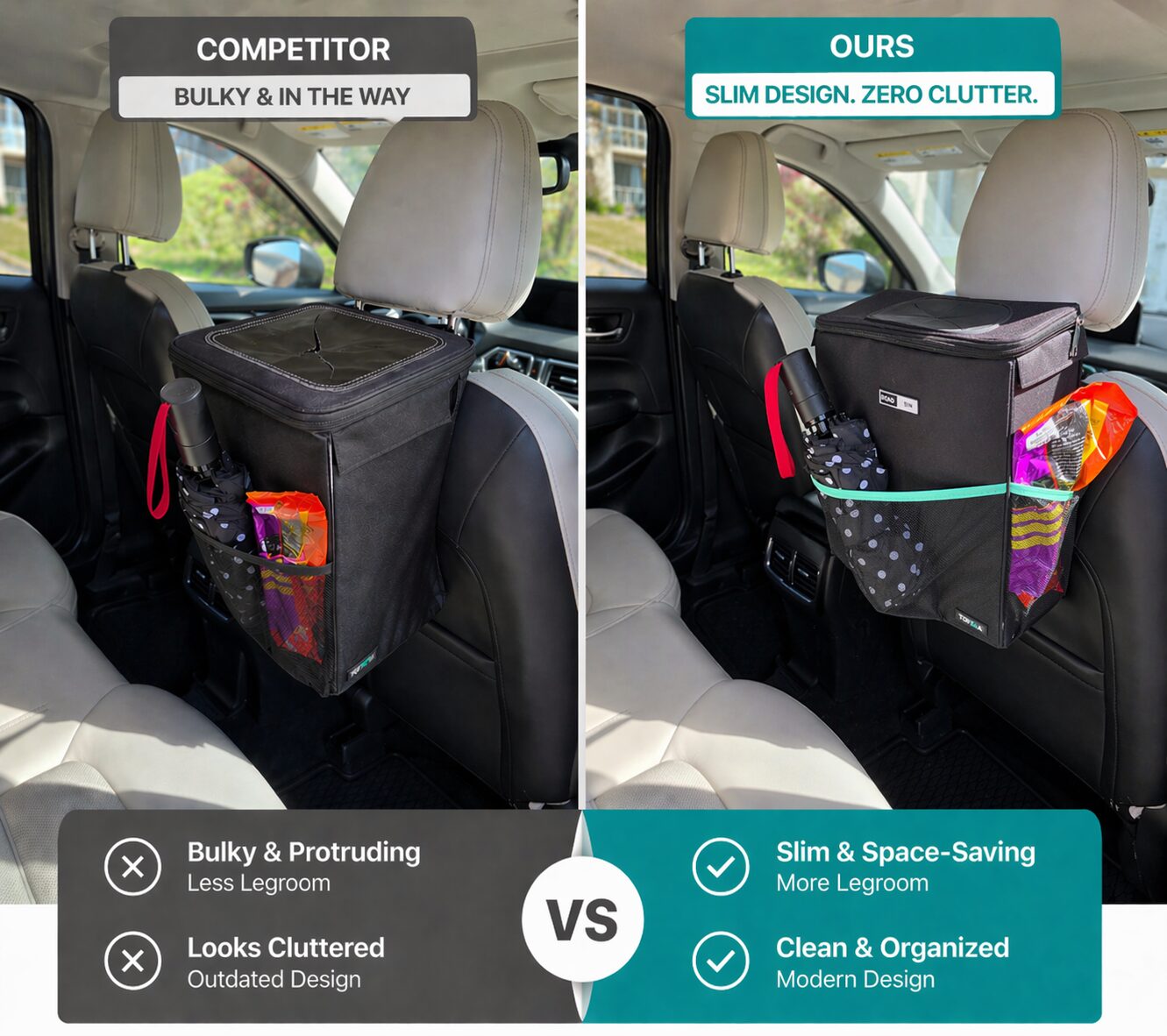 Competitor bulky car trash can versus slim RoadBin design