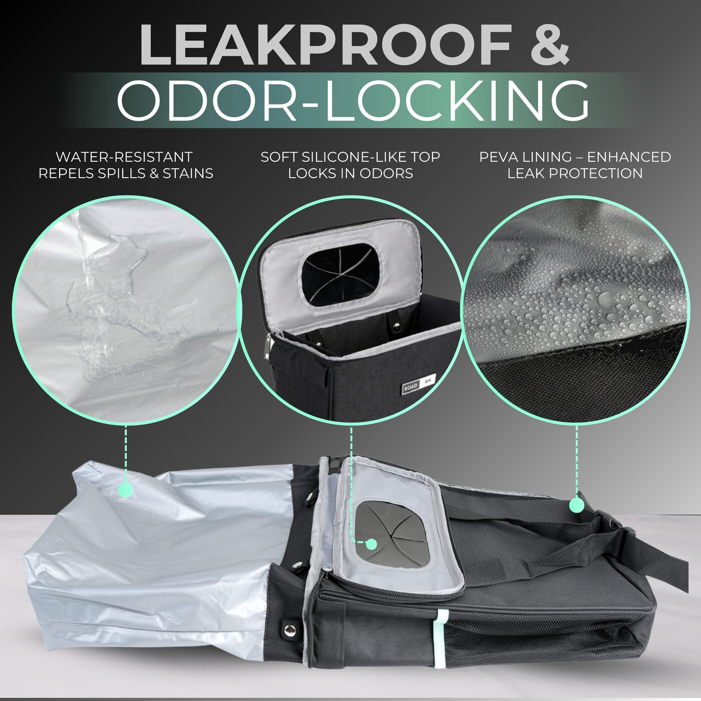 RoadBin water-resistant lining, silicone-like top, and PEVA leak protection