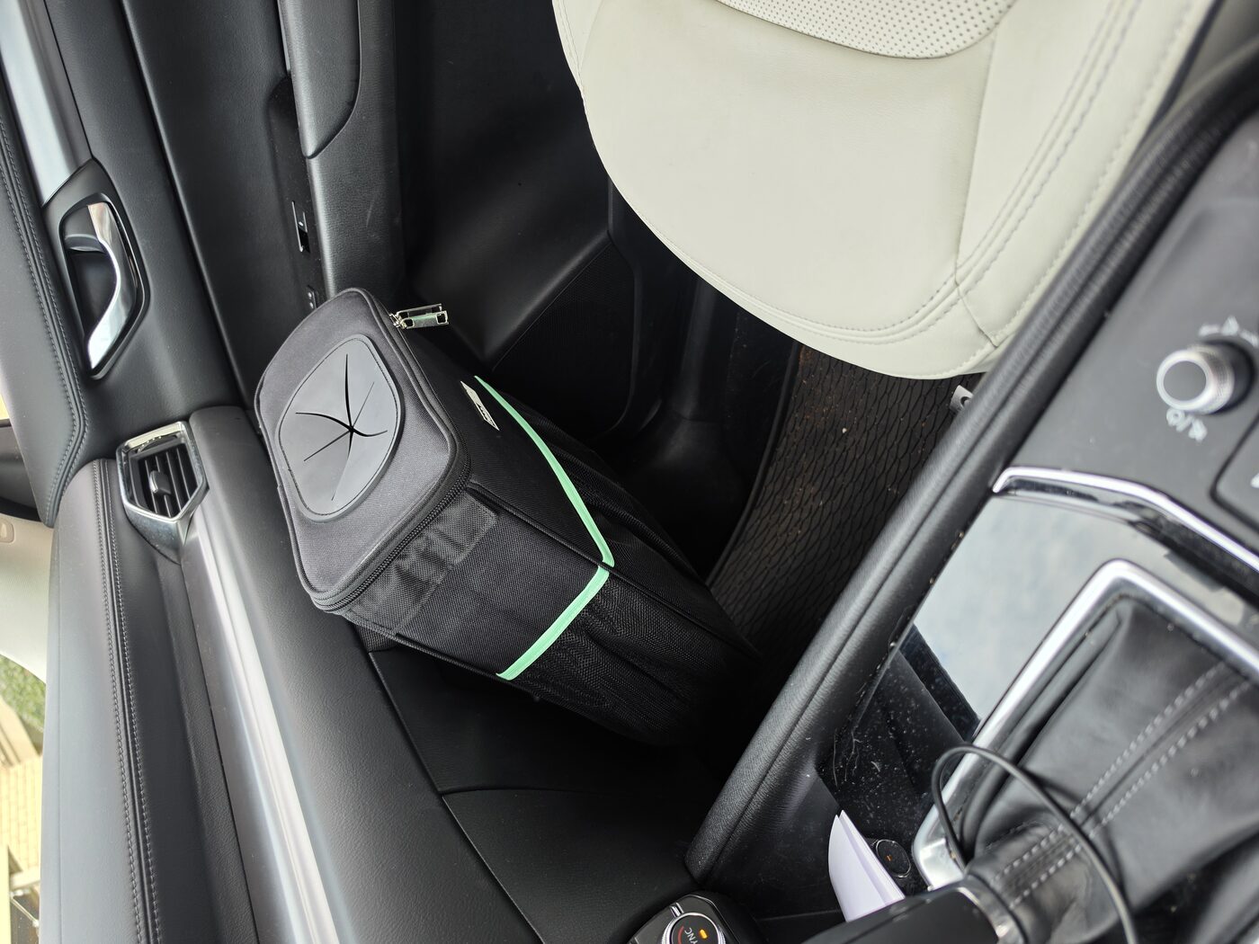 RoadBin standing upright in the front passenger footwell