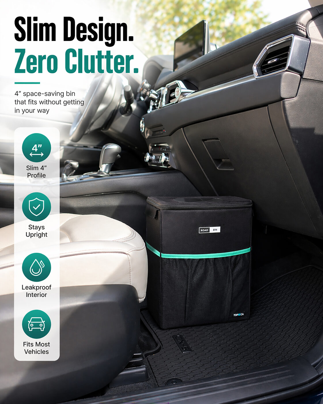 RoadBin slim 4 inch profile in a car footwell